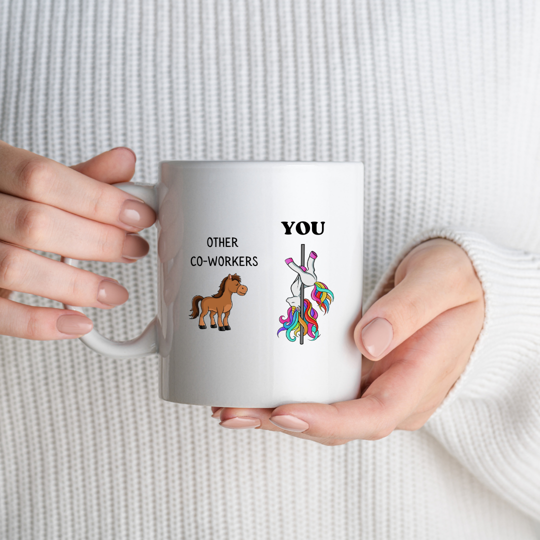 Funny unicorn manager mug with text – personalised novelty office gift.