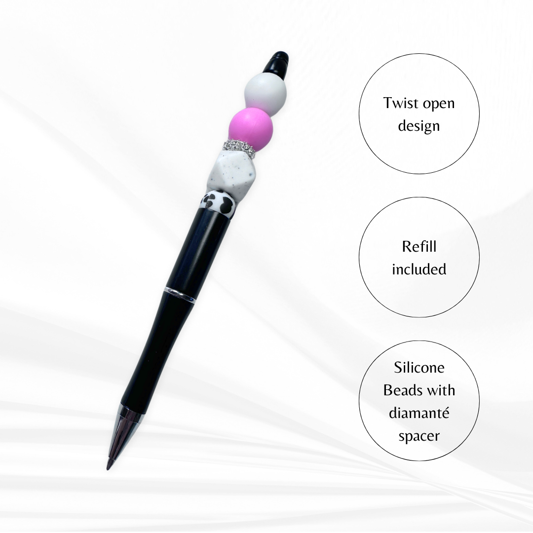 Silicone pen with beaded handle and diamante spacer – fun stationery gift.