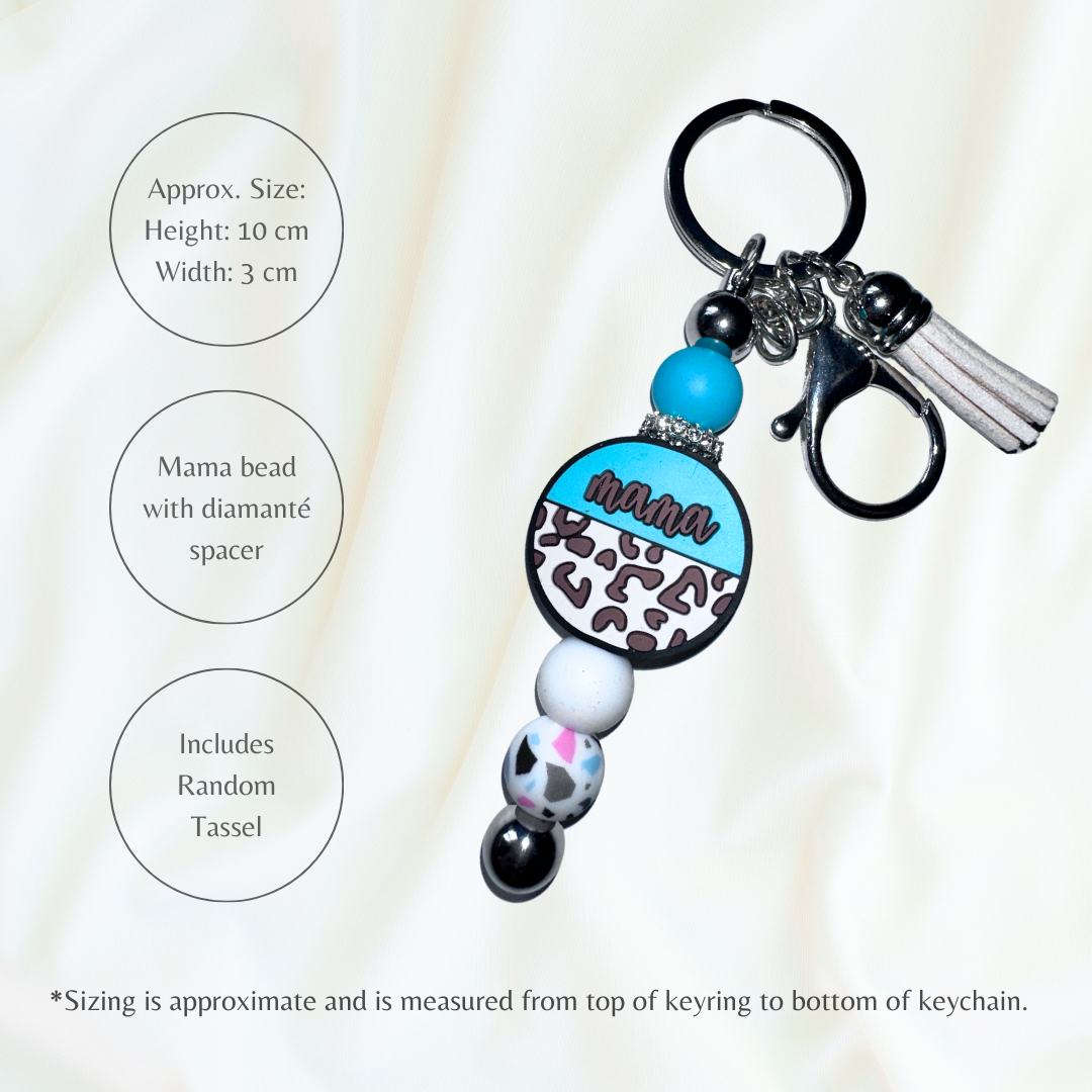 Blue silicone beaded keychain with mama focal bead.