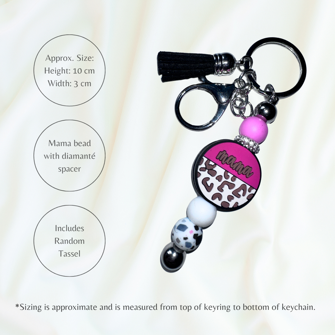 Pink silicone beaded keychain with mama focal bead.