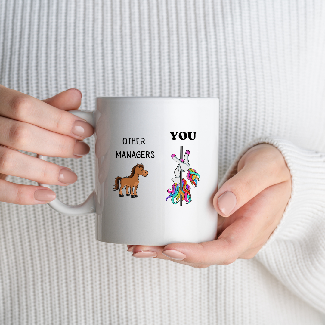 Funny unicorn manager mug with text – personalised novelty office gift.