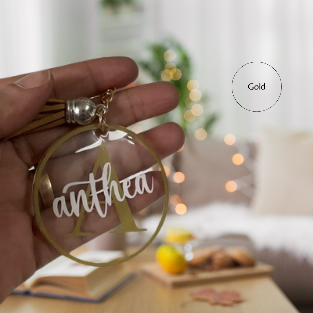 Personalised name keyring in word style – acrylic gift keychain.