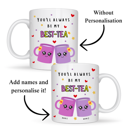White ceramic best friend novelty mug showing a cute best-tea graphic print with a pink two-tone variation from The Kraft Box Cape Town