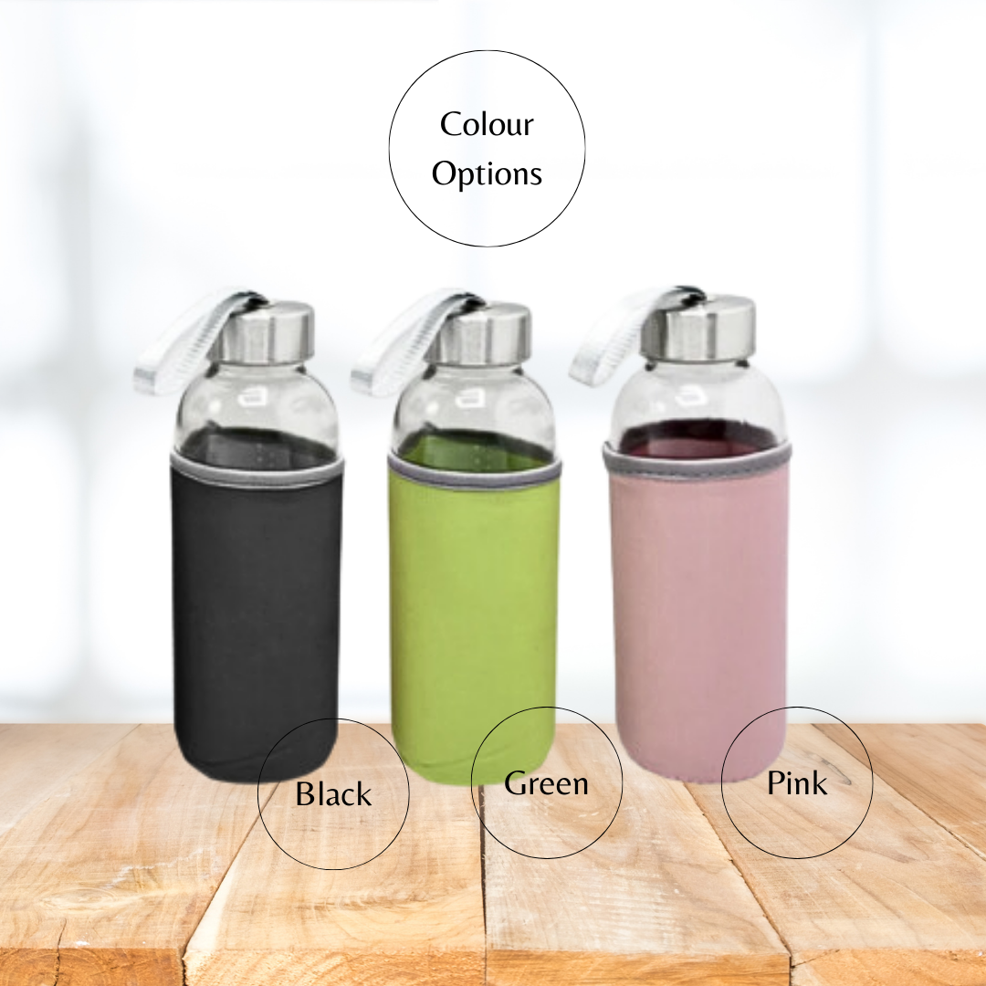 Black, green and pink water bottles