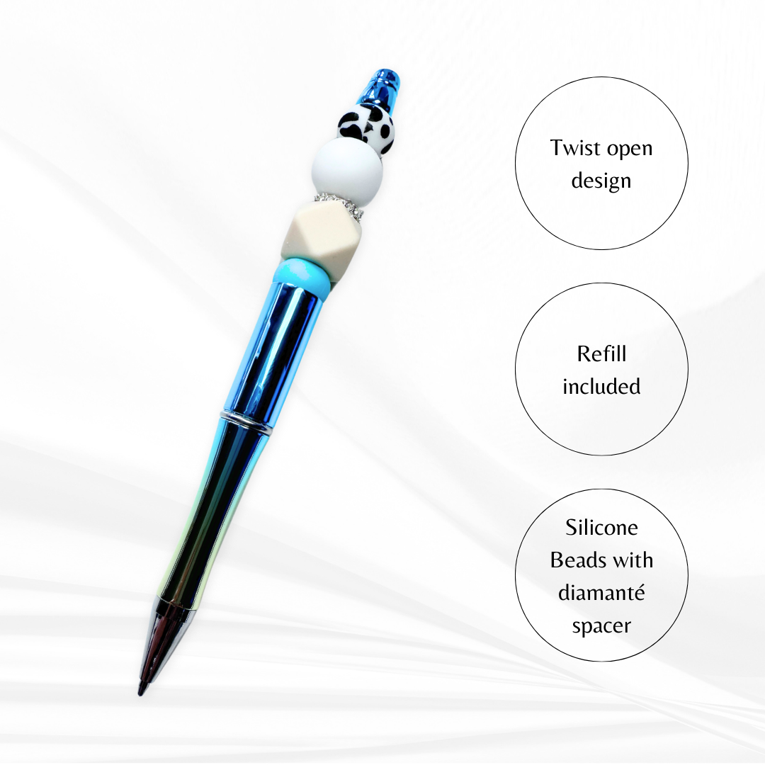 Silicone pen with beaded handle and diamante spacer – fun stationery gift.