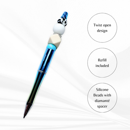 Silicone pen with beaded handle and diamante spacer – fun stationery gift.