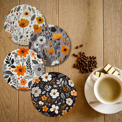 Vibrant boho floral round table coasters displaying the smooth printed finish