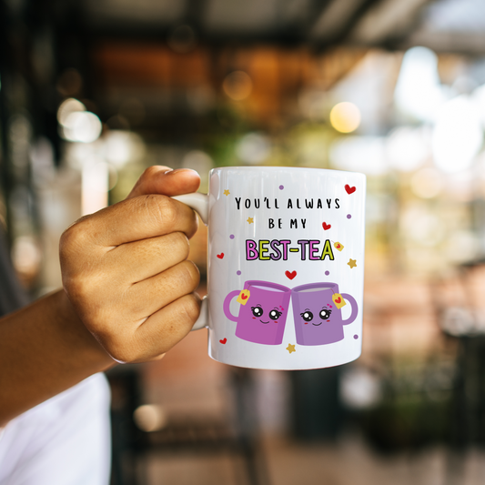 White ceramic best friend novelty mug showing a cute best-tea graphic print with a pink two-tone variation from The Kraft Box Cape Town