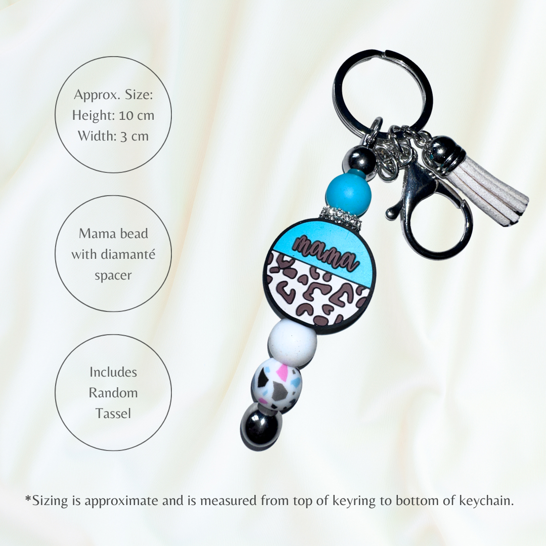 Blue silicone beaded keychain with mama focal bead. 