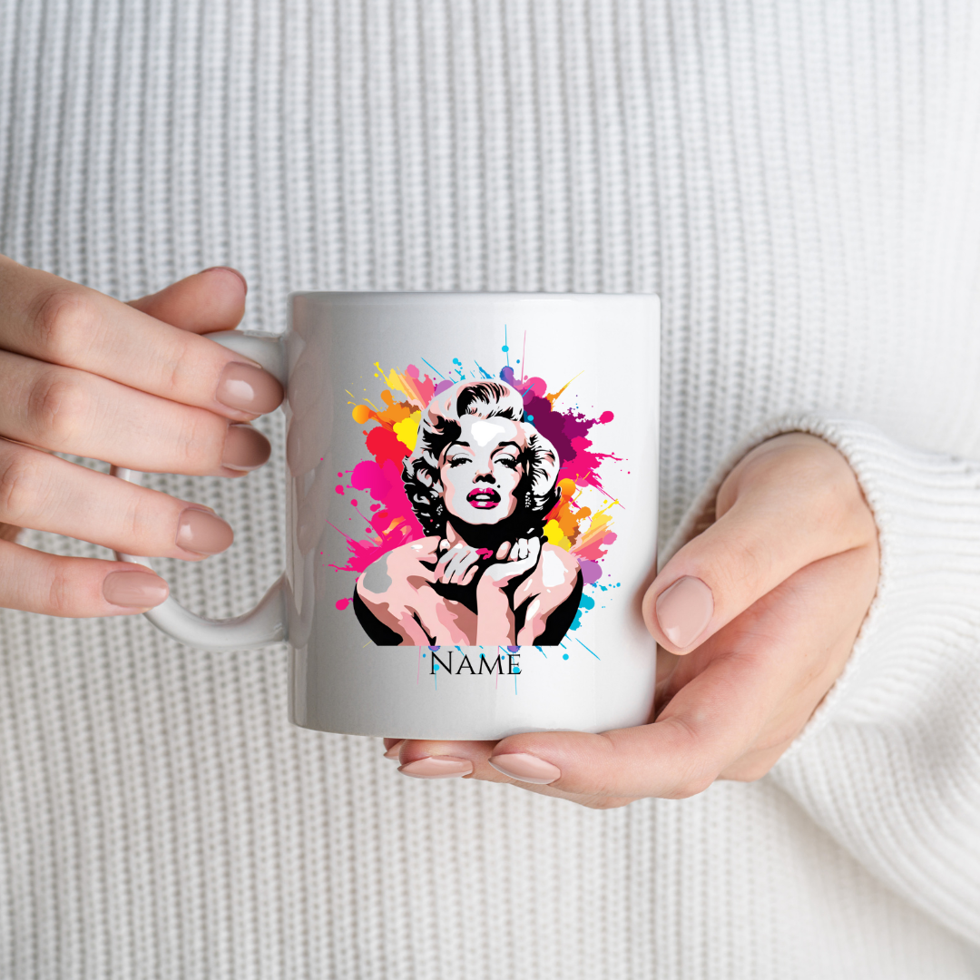 White ceramic Marilyn Monroe novelty mug showing a colourful splash design with a custom name feature from The Kraft Box Cape Town