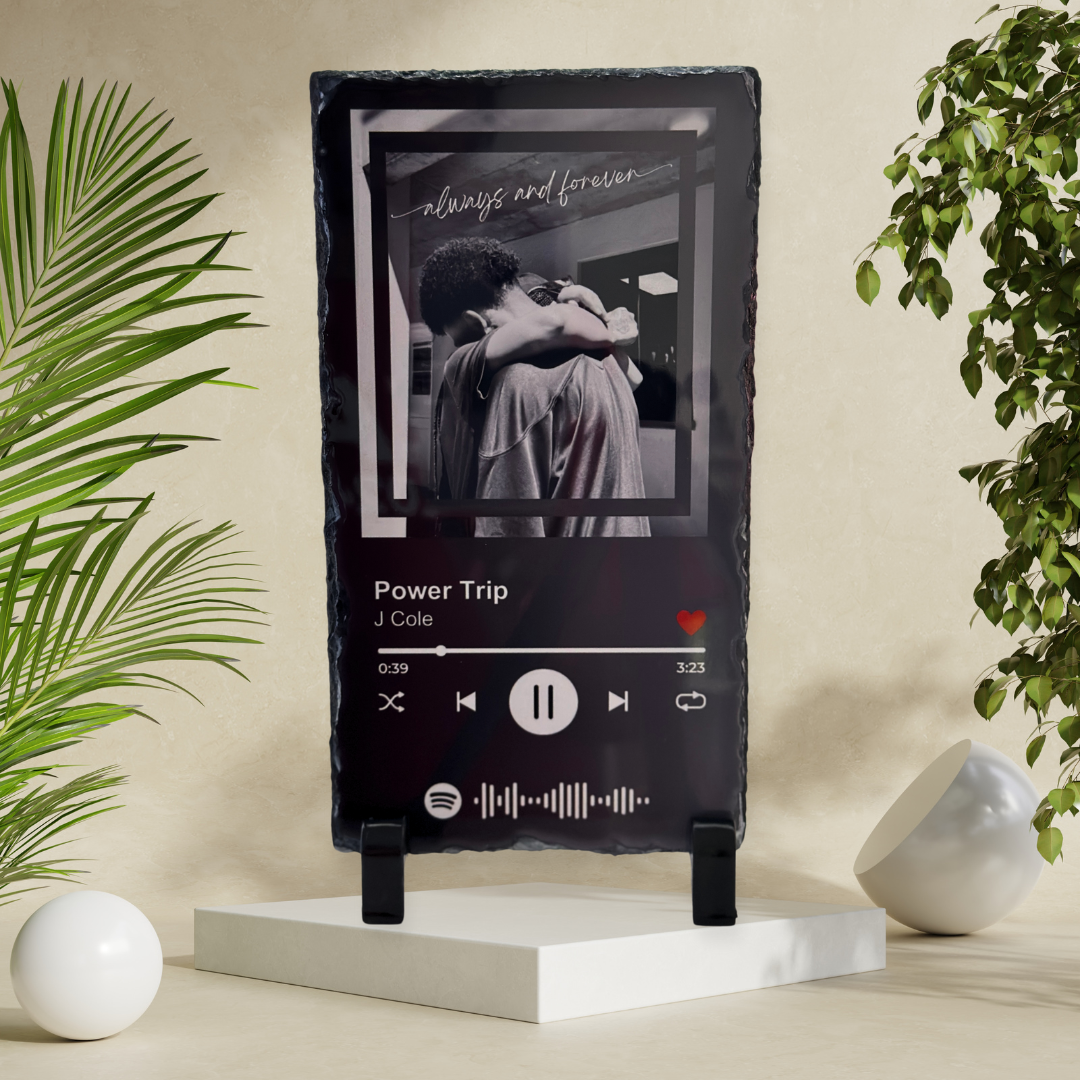 Custom Spotify rock stone slate showing a personalised picture print and a scannable music track code from The Kraft Box Cape Town