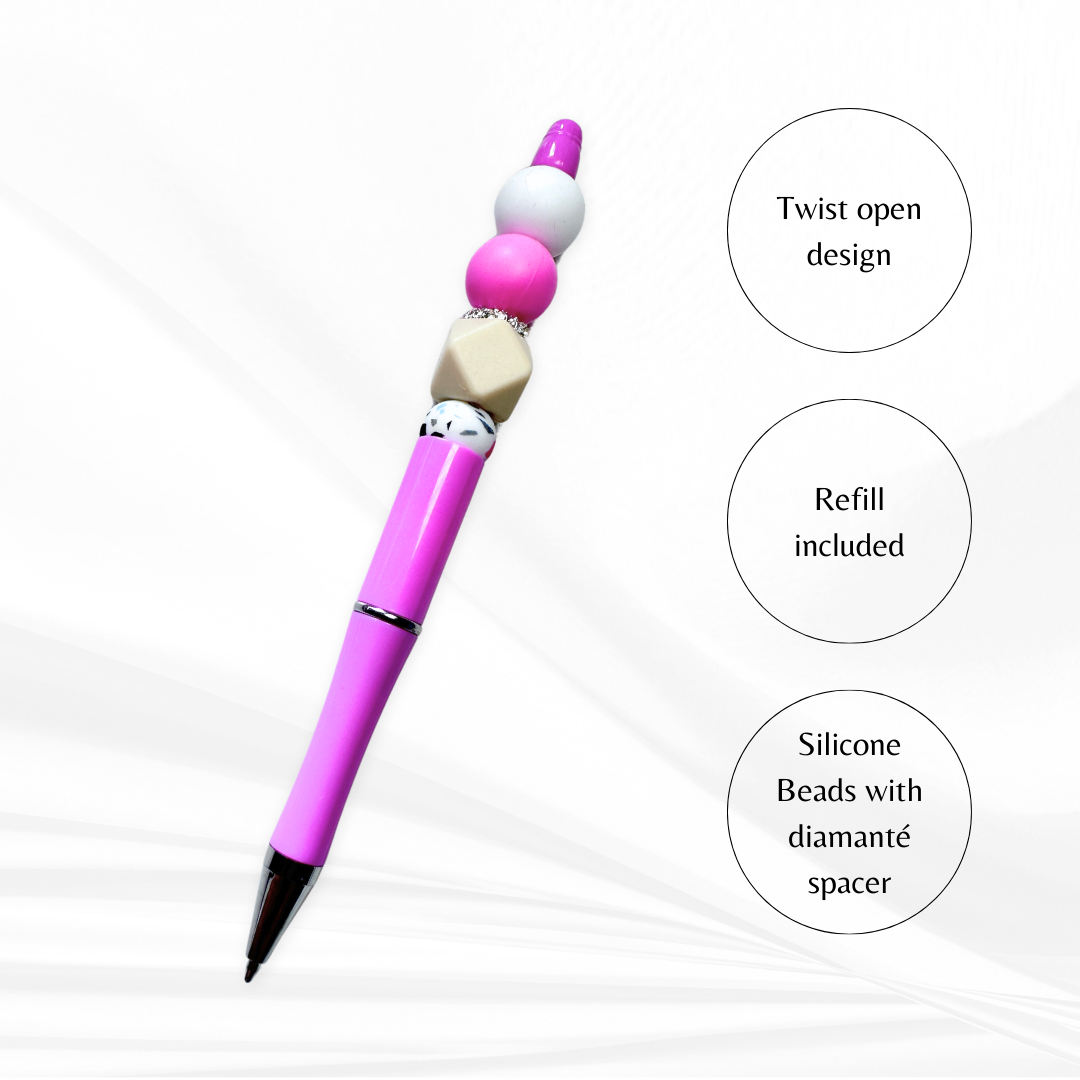 Silicone pen with beaded handle and diamante spacer – fun stationery gift.