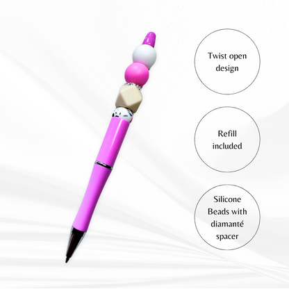 Silicone pen with beaded handle and diamante spacer – fun stationery gift.