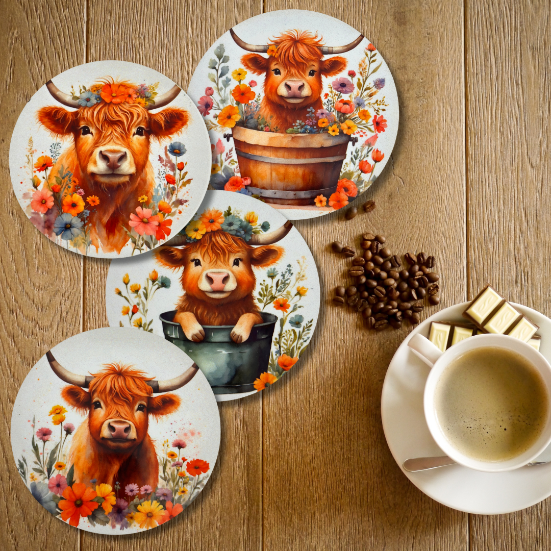 Set of 4 round drink coasters featuring a cute farmhouse Highland cow print layout from The Kraft Box Cape Town