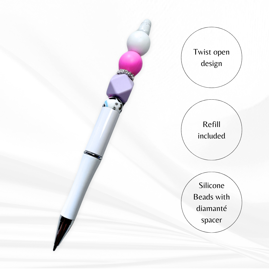 Silicone pen with beaded handle and diamante spacer – fun stationery gift.
